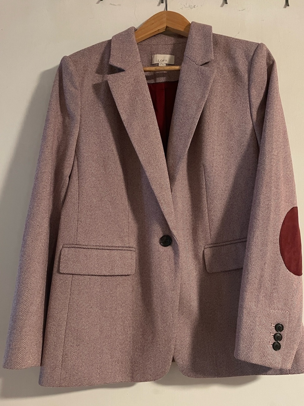 LOFT Pink Lavender Tweed Blazer with Burgundy Elbow Patches